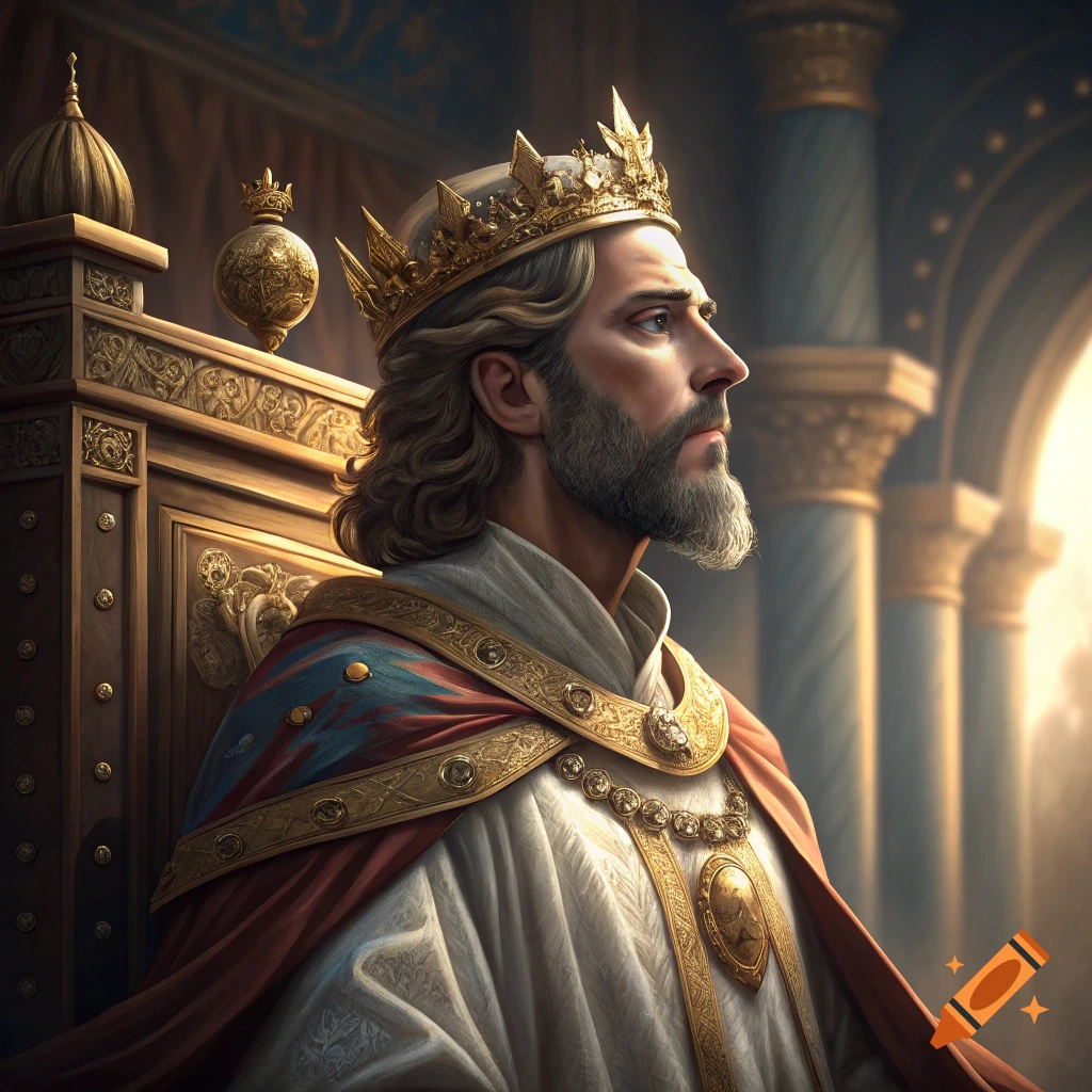 A king sits on a richly decorated throne in a hall with pillars.
