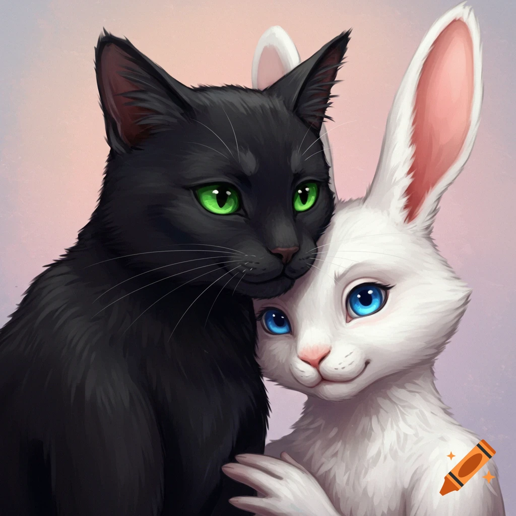 A black cat rests its head on a white bunny's shoulder.