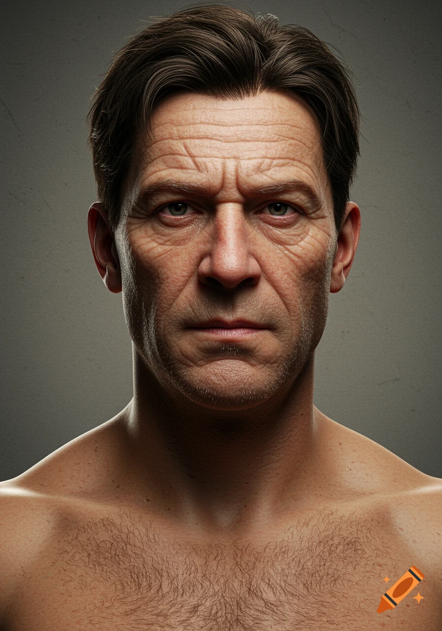Photorealistic portrait of a man with an aged face and bare chest.
