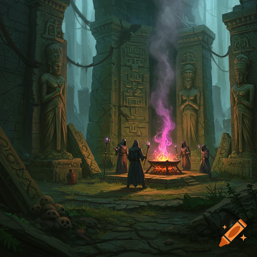 Robed figures perform a ritual around a glowing fire in ancient ruins with skulls.