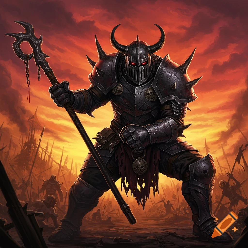 A heavily armored fantasy warrior in spiked black armor stands on a battlefield under a fiery orange sky, holding a staff.