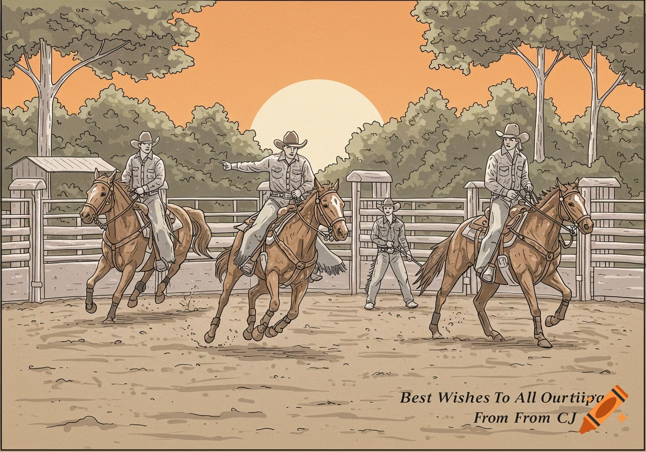 A line drawing shows cowboys riding horses in a rodeo arena at sunset.