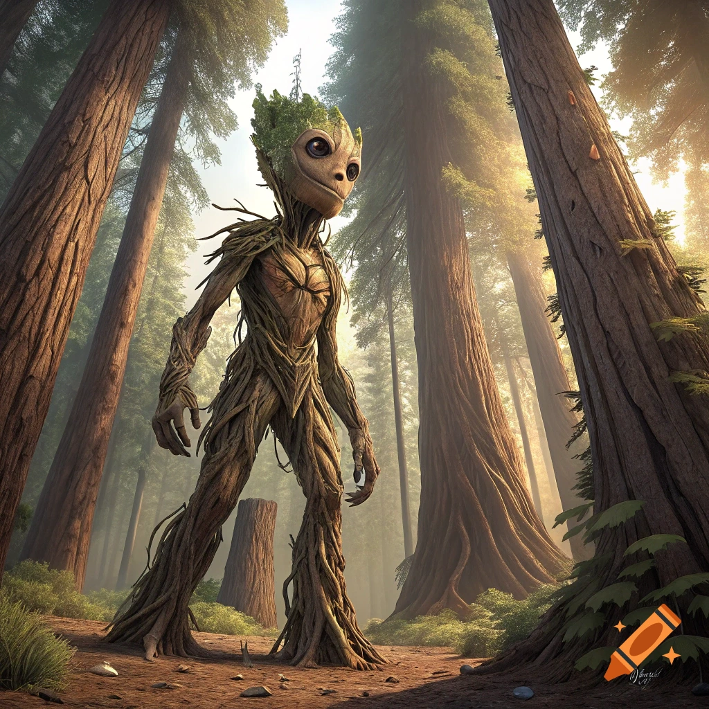 A Groot-like creature stands in a sunlit redwood forest.