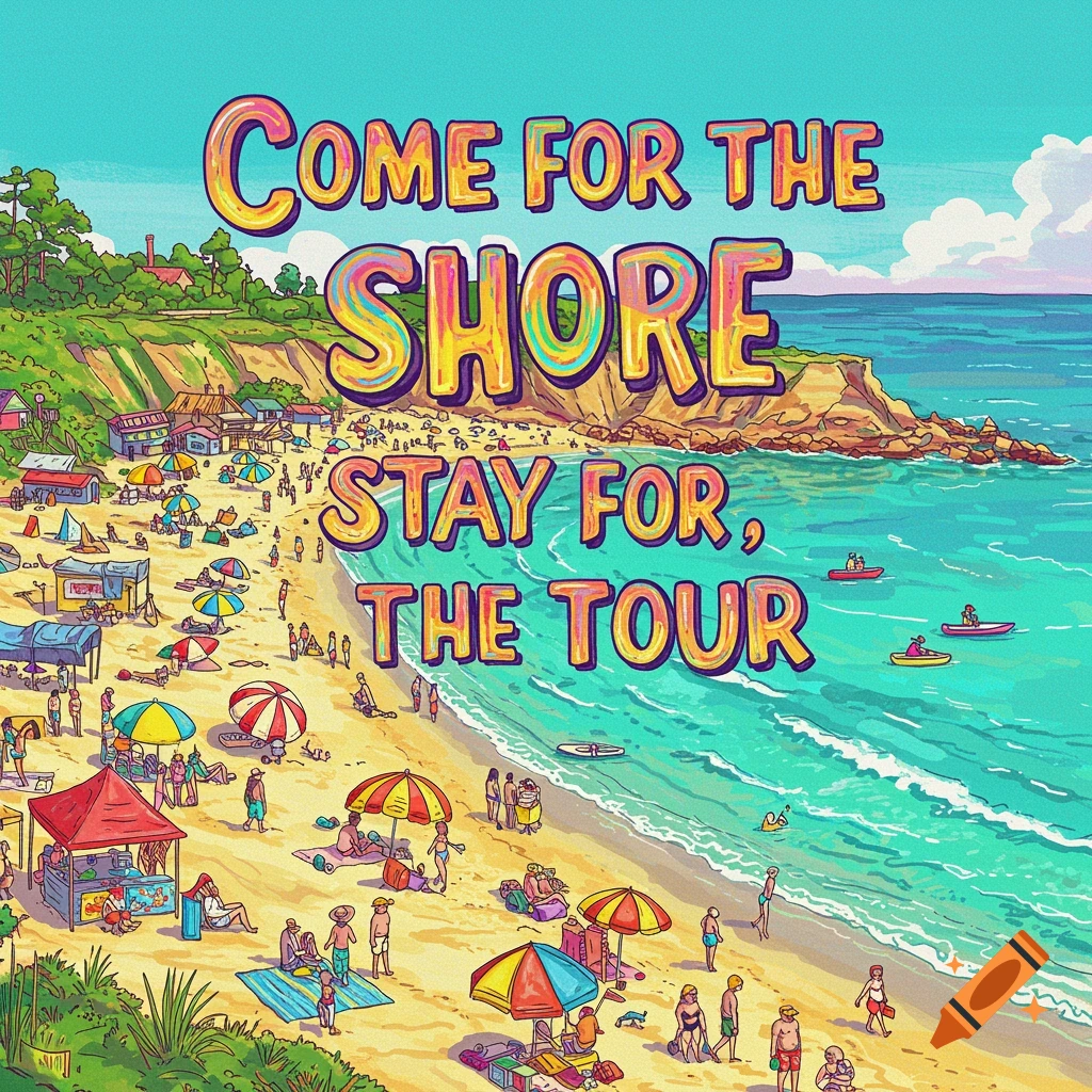 Vibrant cartoon illustration of a busy beach with text 'Come for the Shore, Stay for the Tour'.