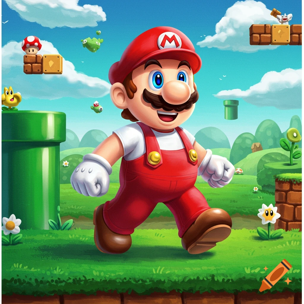 Mario walking through a colorful landscape with pipes, blocks, and enemies.