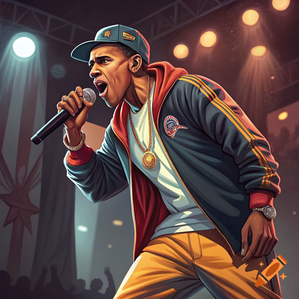 Illustration of a rapper performing on stage under spotlights