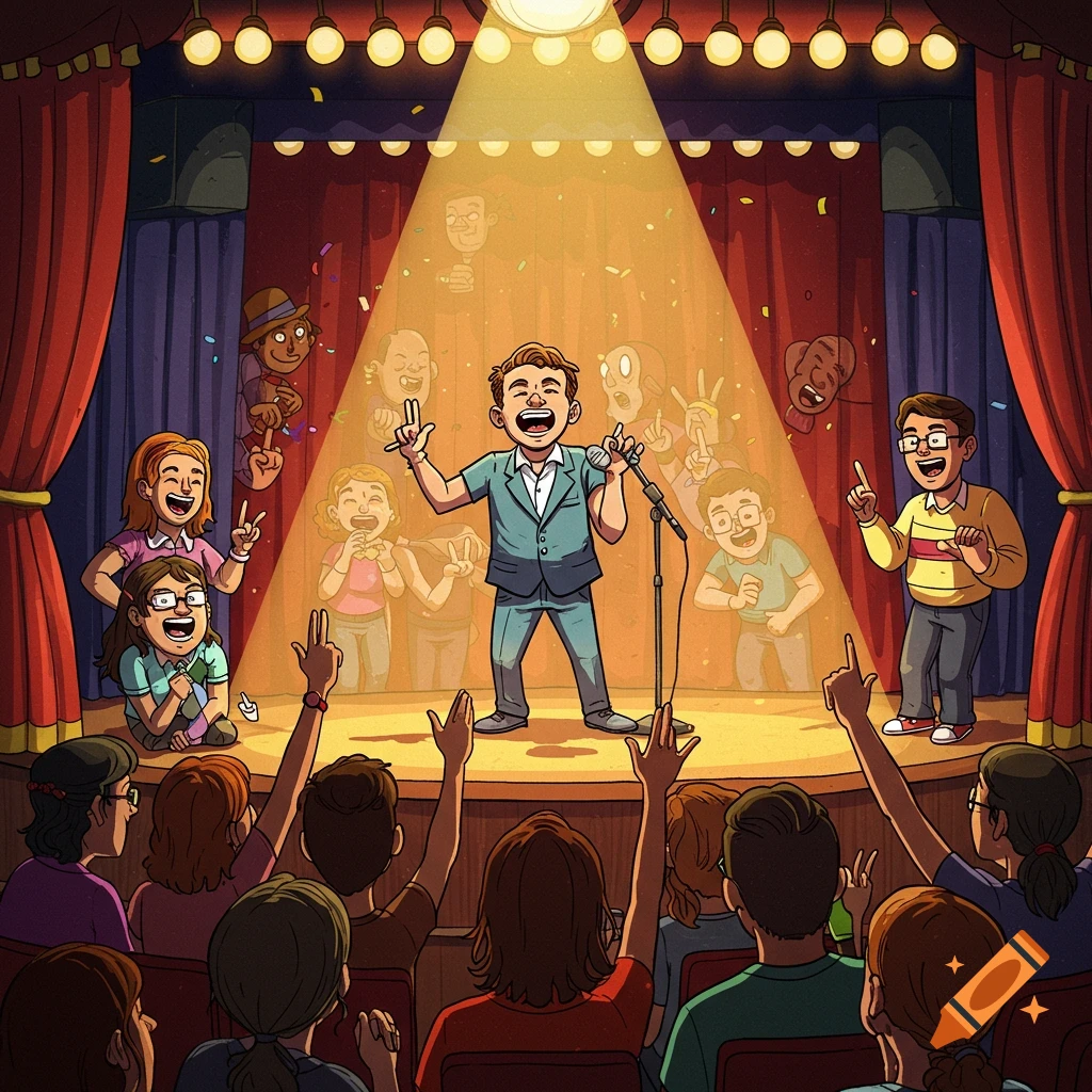 A cartoon illustration of a comedian performing on stage in front of a cheering audience.
