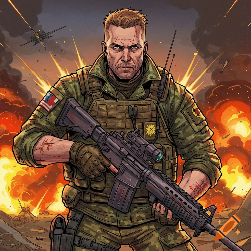 A soldier with a rifle stands in a battle scene with explosions.