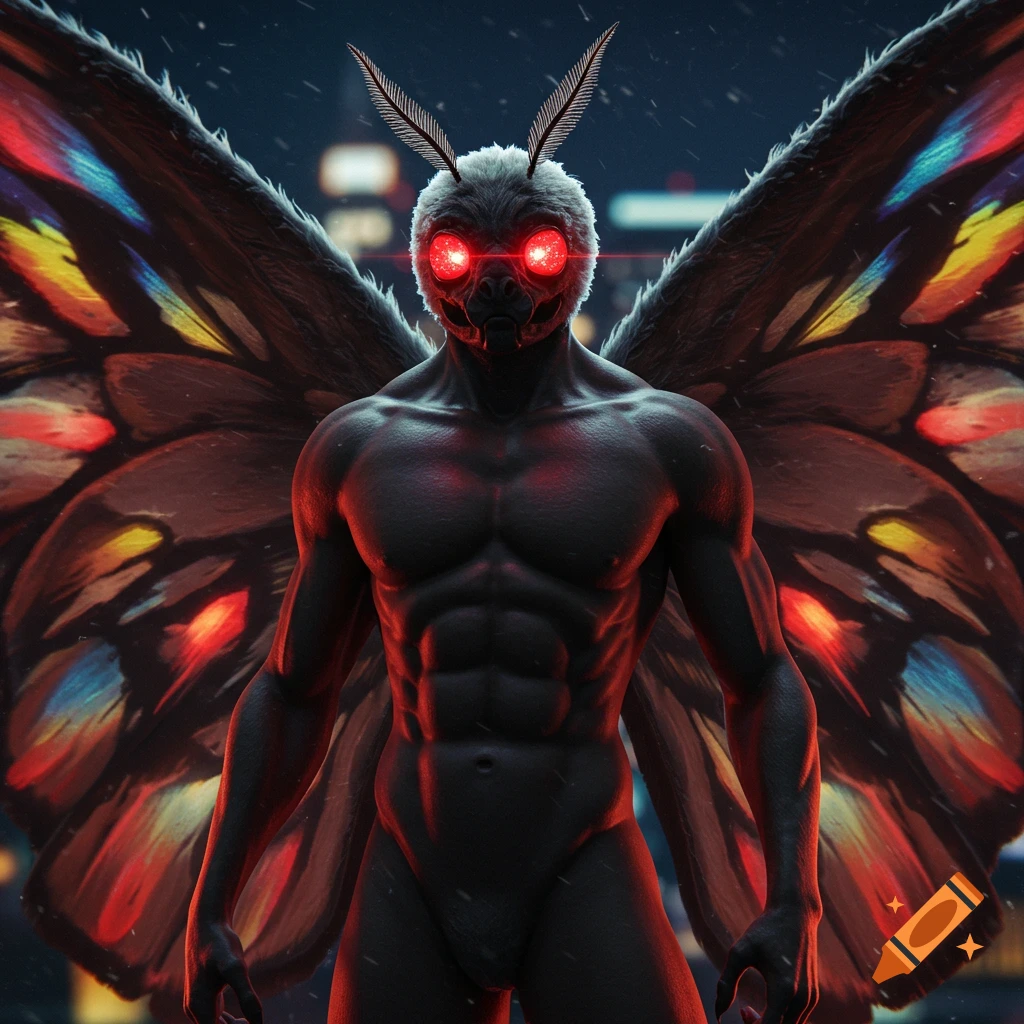 Muscular Mothman creature with red eyes and colorful wings standing in a city at night.