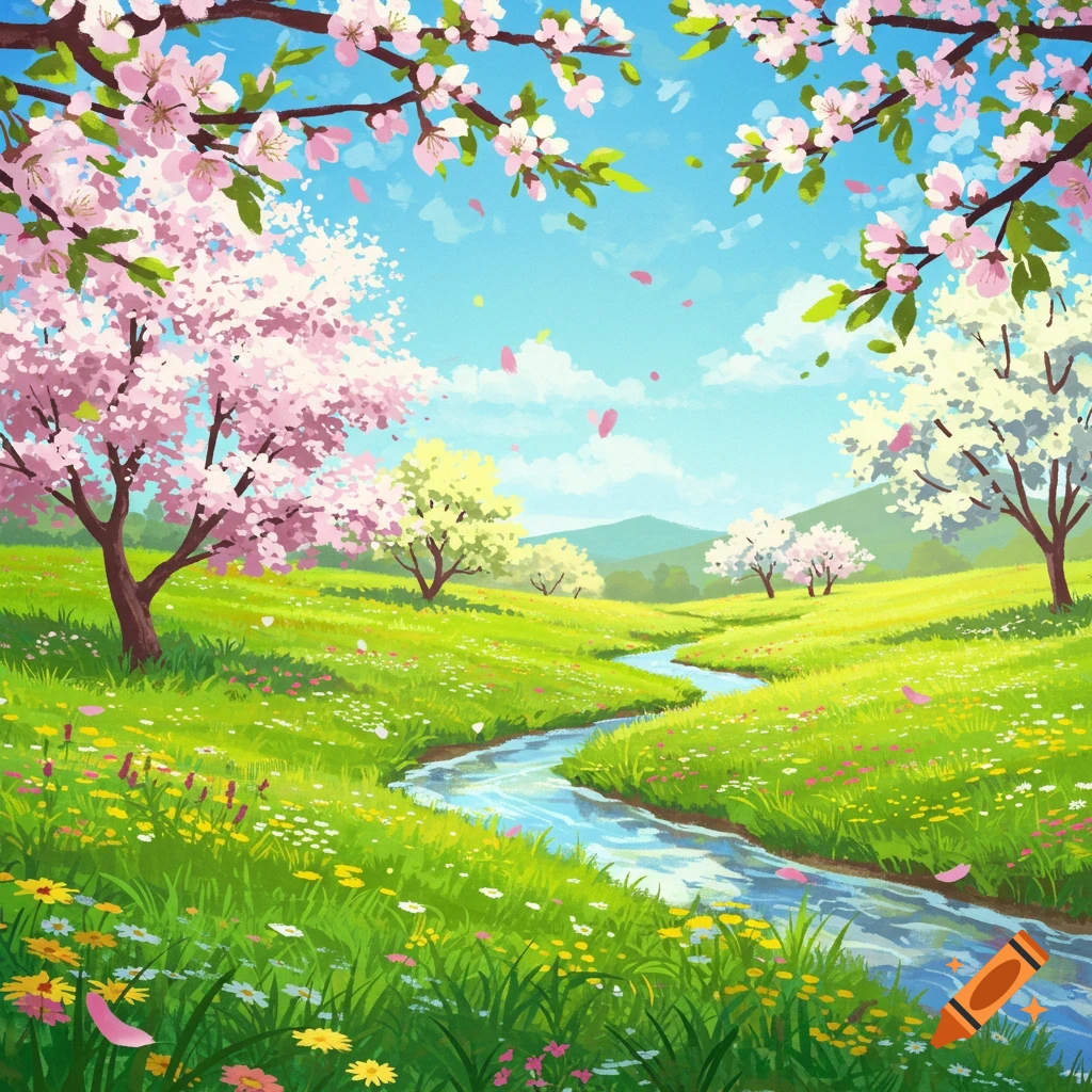 A spring landscape with flowering trees, a stream, and green fields.