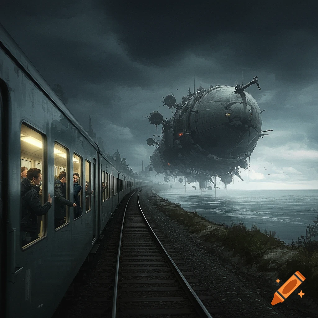 A train on tracks next to the sea, with passengers looking out windows at a large, dark floating object in the sky.