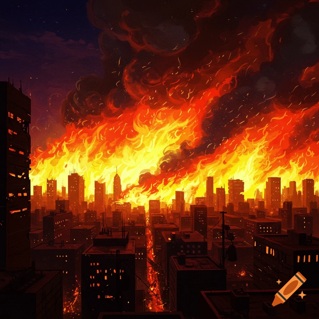 A city skyline is engulfed in massive flames and smoke in a dramatic scene.