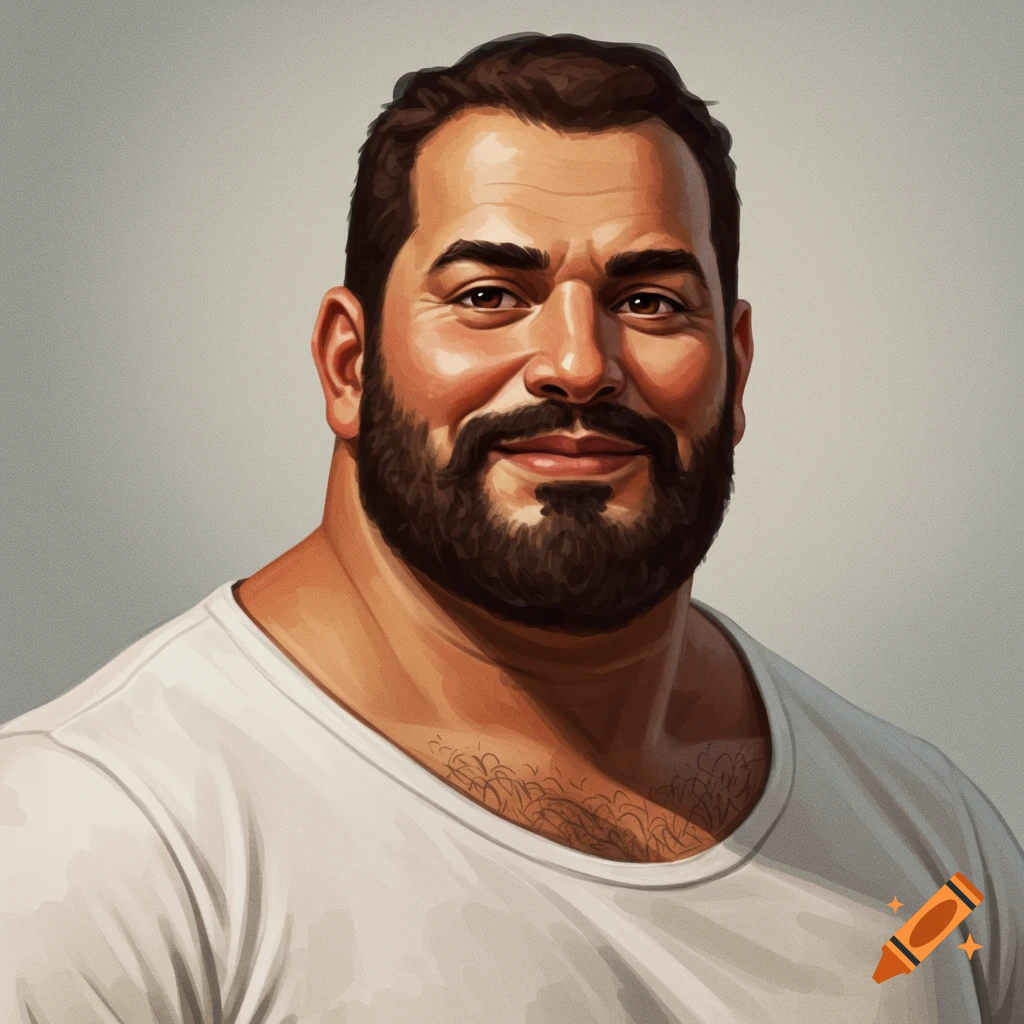 A smiling man with a beard wearing a white t-shirt.
