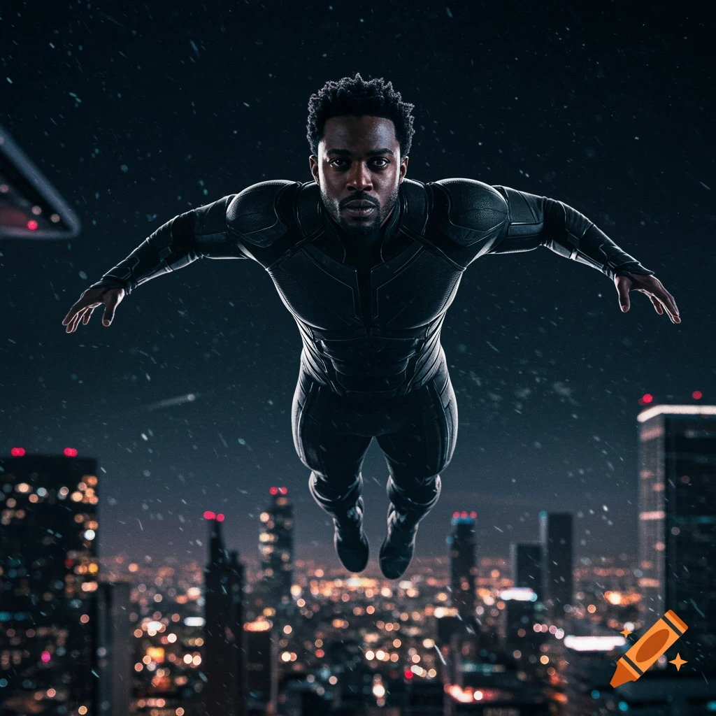 Black superhero in a black suit flies dramatically over a city at night.