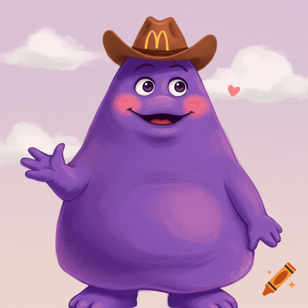 Grimace in a cowboy hat, smiling and waving.