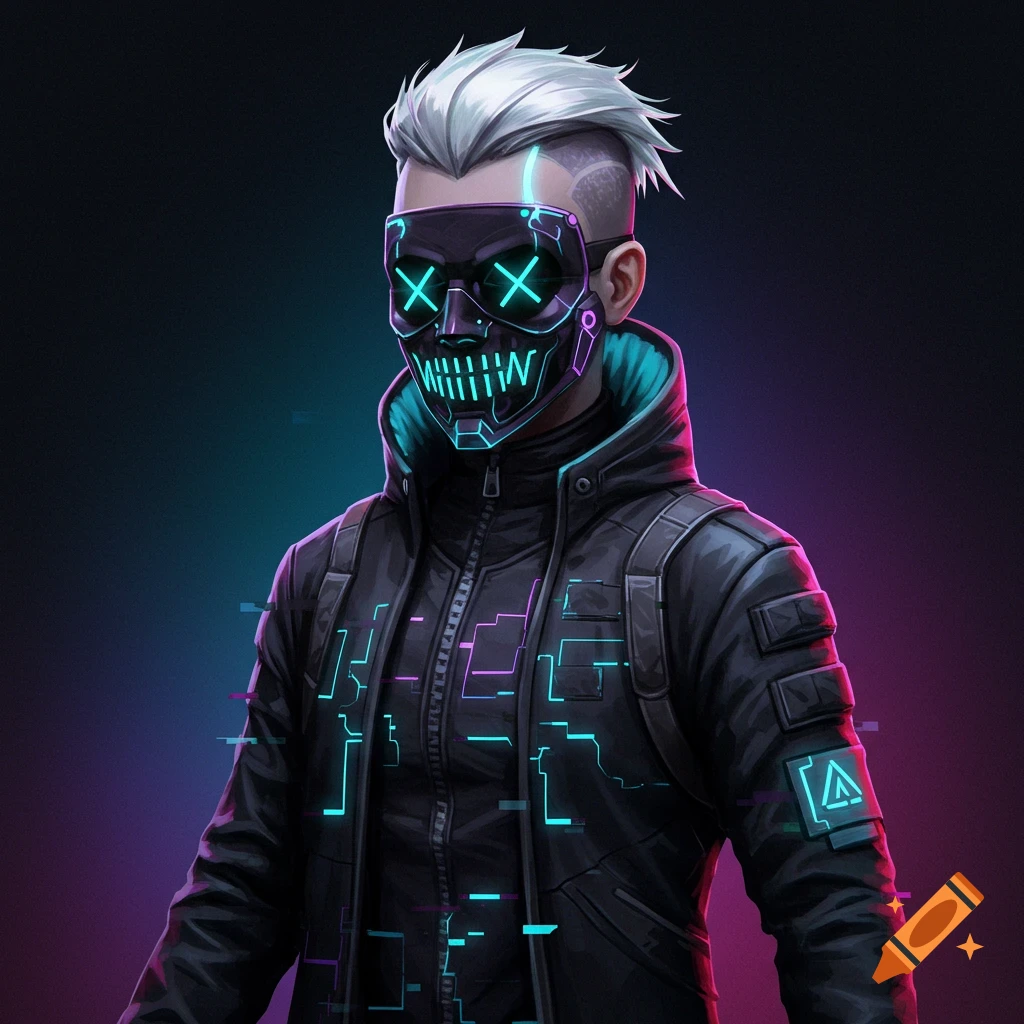 A person in a black tactical jacket with glowing neon circuitry, wearing a futuristic digital mask with 'X' symbols.