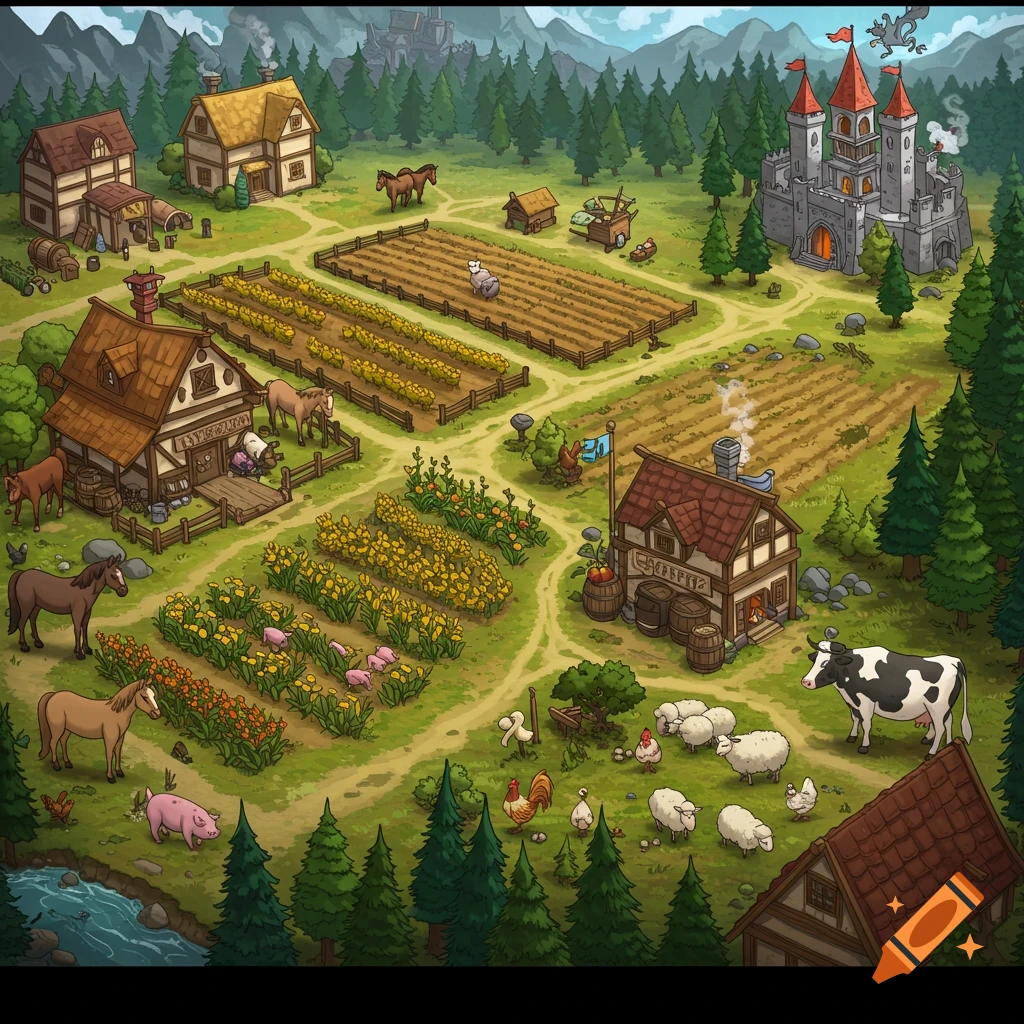A detailed depiction of a medieval village with farms, animals, houses, a tavern, and a castle in the background.