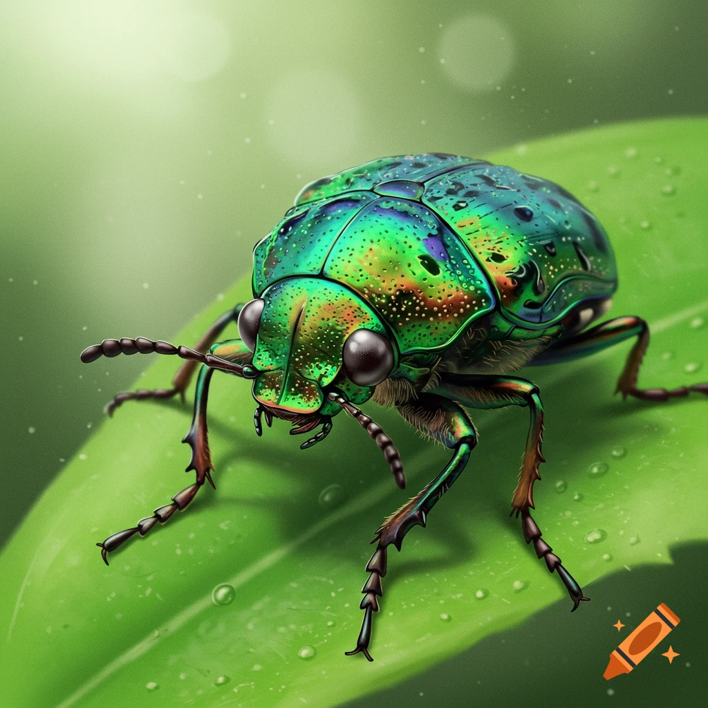A close-up of a vibrant green and iridescent beetle on a leaf with water droplets.