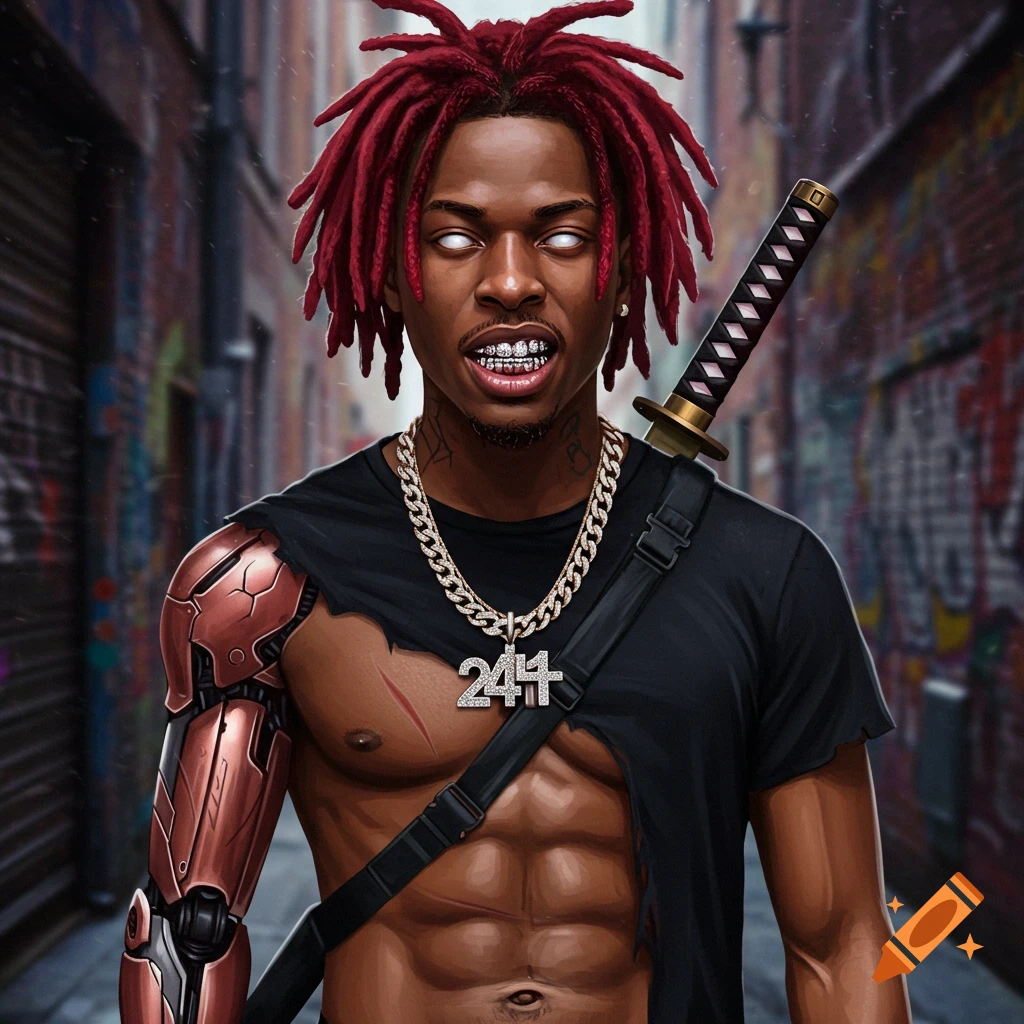 A man with red dreads, a robotic arm, ripped shirt, and katana stands in a graffiti alley.