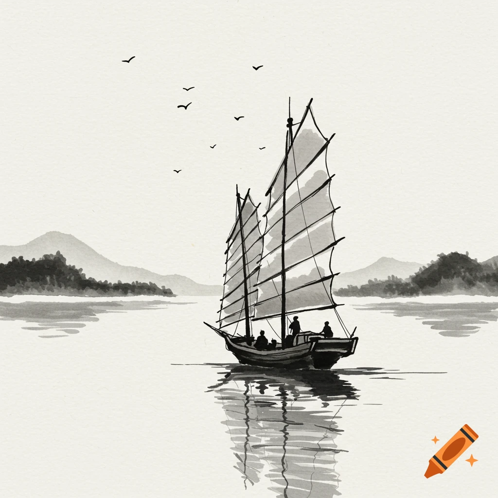 An ink painting of a sailboat on water with mountains and birds in the background.