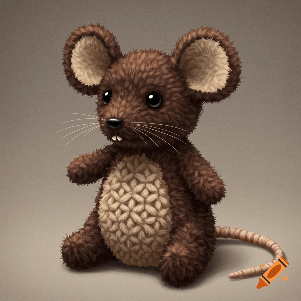 A fluffy brown toy mouse with a beige knitted belly.