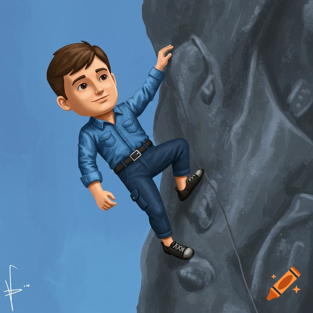 A stylized illustration of a person climbing a rock face under a blue sky.
