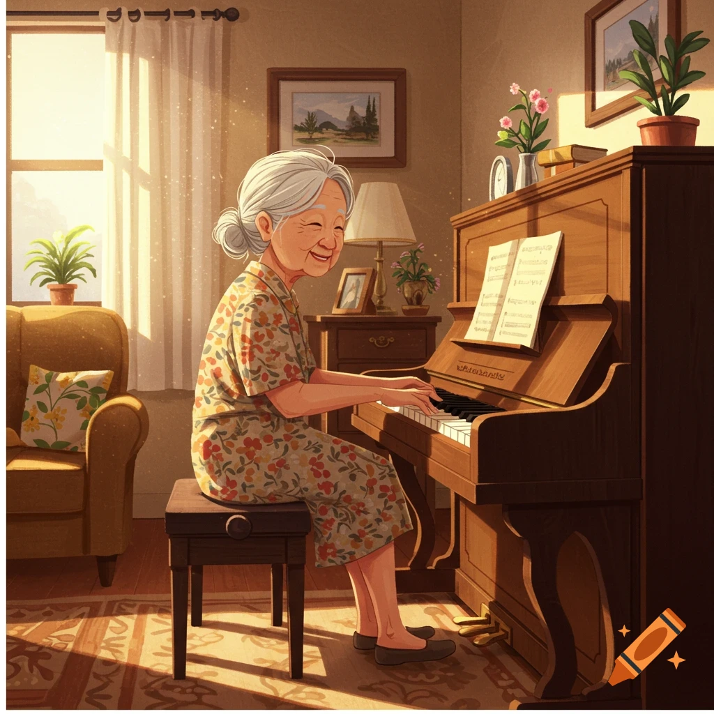 A smiling elderly woman playing a piano in a sunlit room.