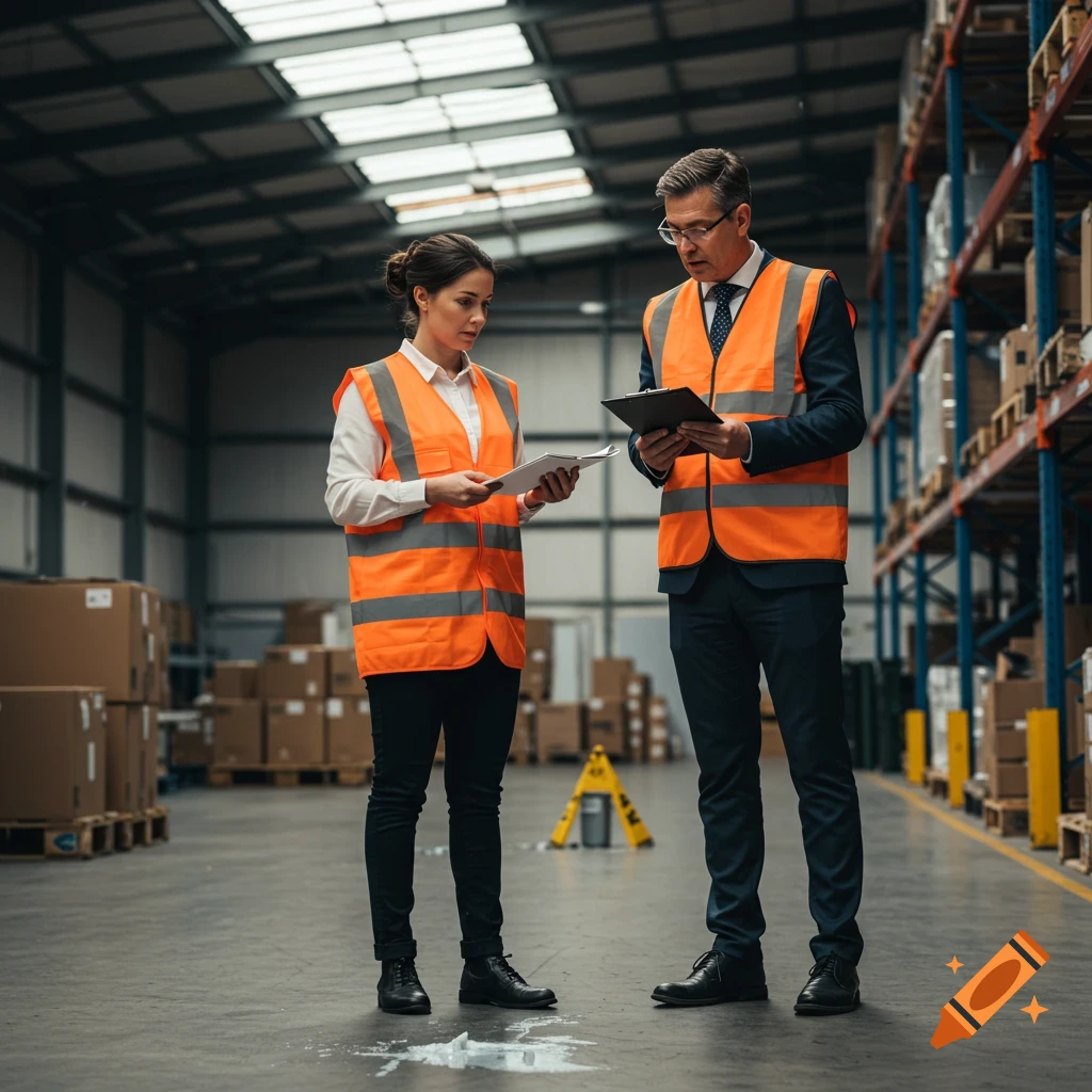 A man and woman in orange safety vests review documents in a warehouse.