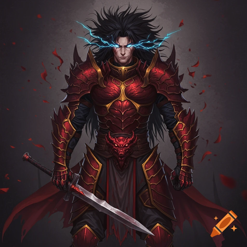 Anime man in red dragon armor with electric eyes and a sword, fantasy art.