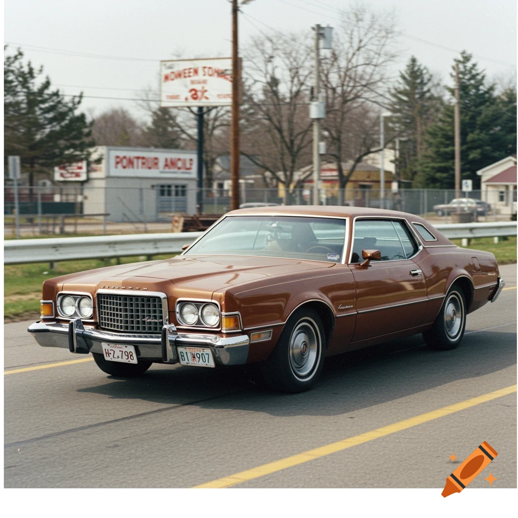 A brown classic Ford Thunderbird Landau drives on a road with distorted signs in the background, photograph.