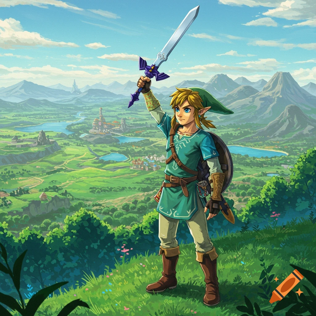 Link from The Legend of Zelda holding Master Sword aloft overlooking a fantasy landscape.