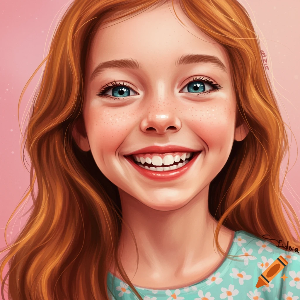 Close-up of a smiling young girl with red hair, freckles, and blue eyes, wearing a blue dress with white flowers.