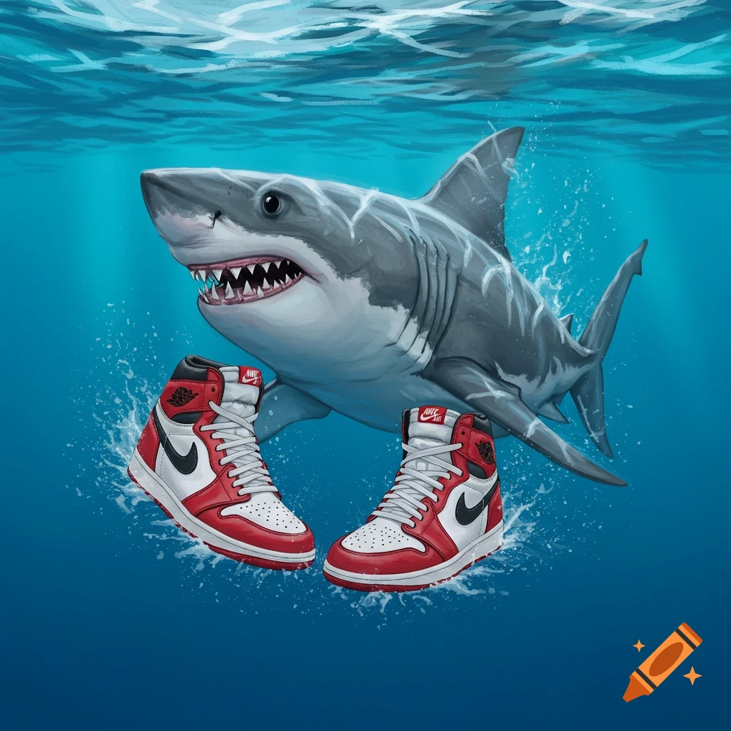 A shark swimming underwater wearing red and white high-top sneakers.