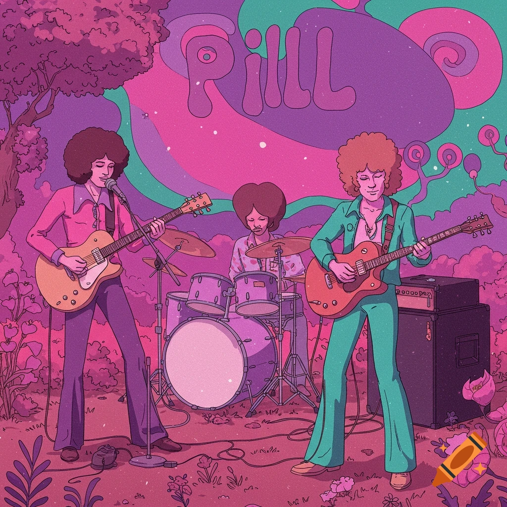 A band playing music in a psychedelic landscape with the word PILL above.
