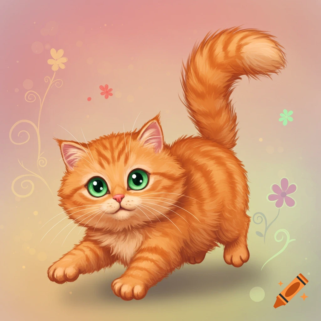 Cute orange tabby cat with green eyes in a pouncing pose, digital art.