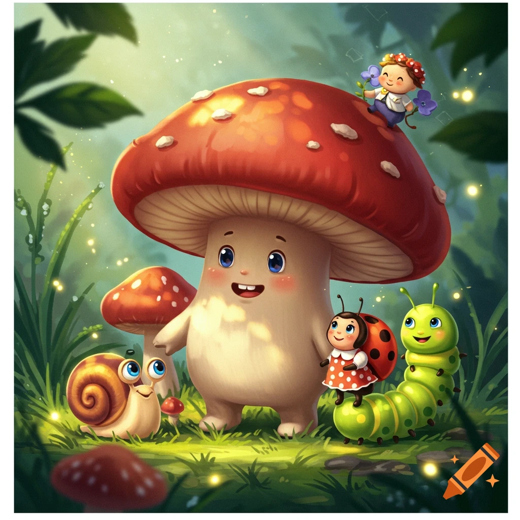Cute cartoon mushroom and friends (snail, ladybug, caterpillar, small person) in a magical forest.