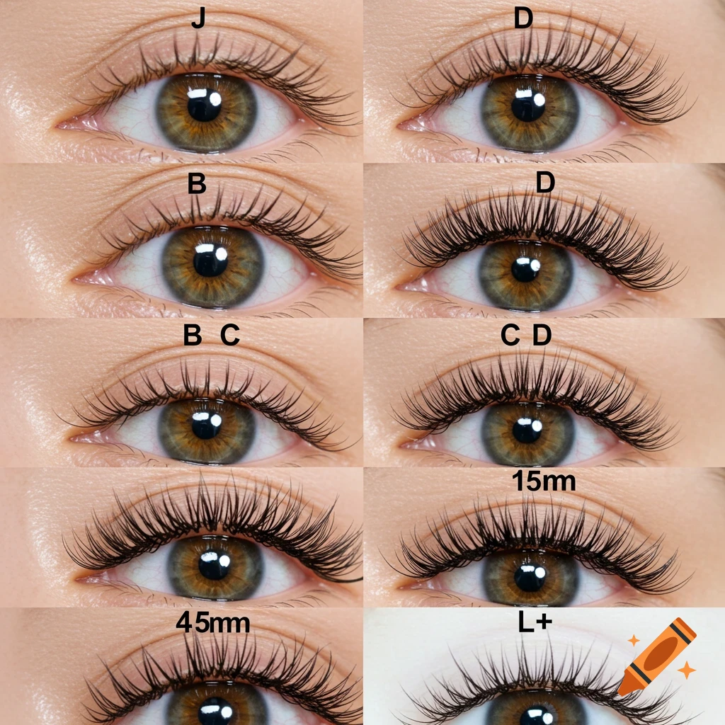 Multiple close-up views of eyes demonstrating various lash extension styles and lengths, labeled with letters and measurements.