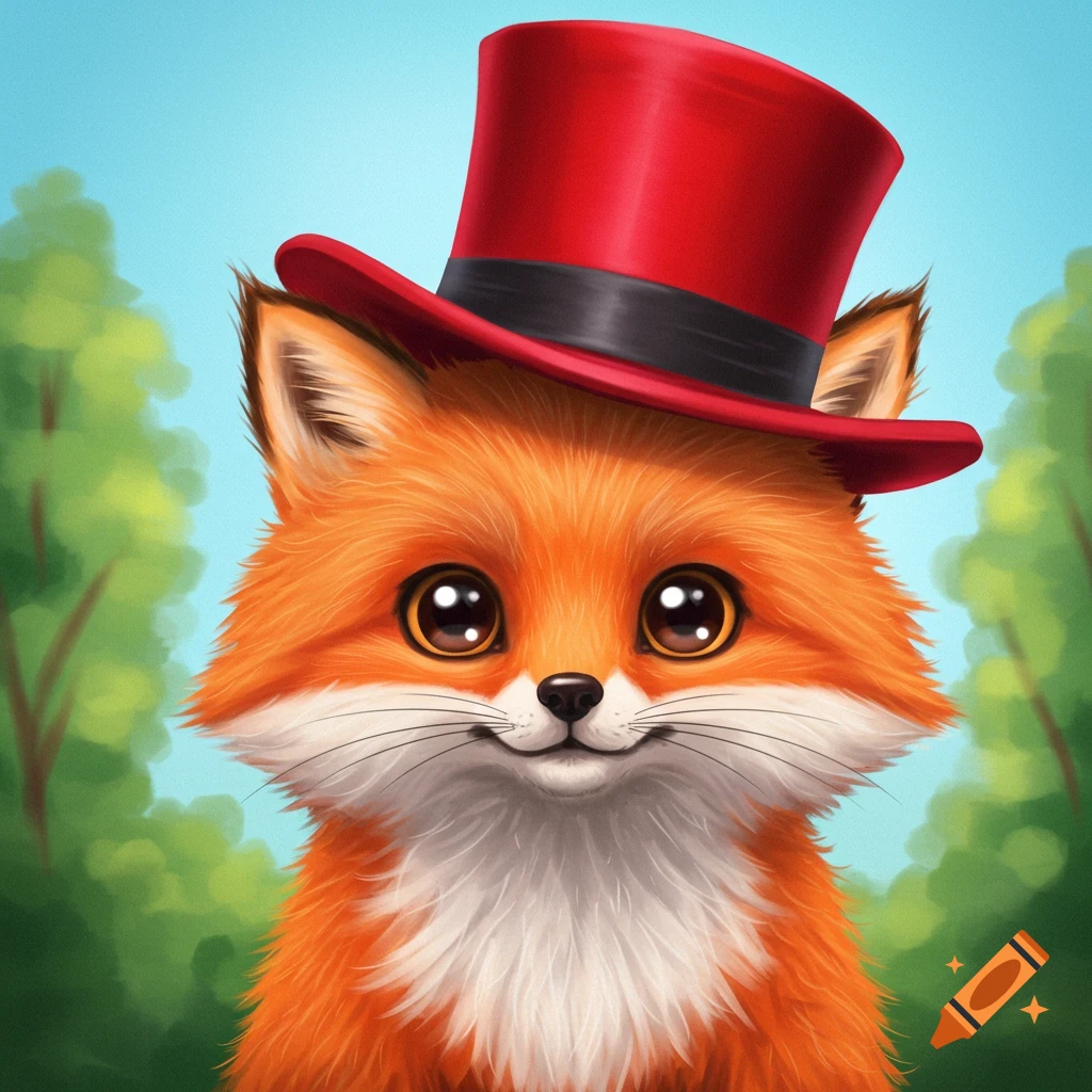 A cute cartoon fox wearing a red top hat in a blurry outdoor setting.