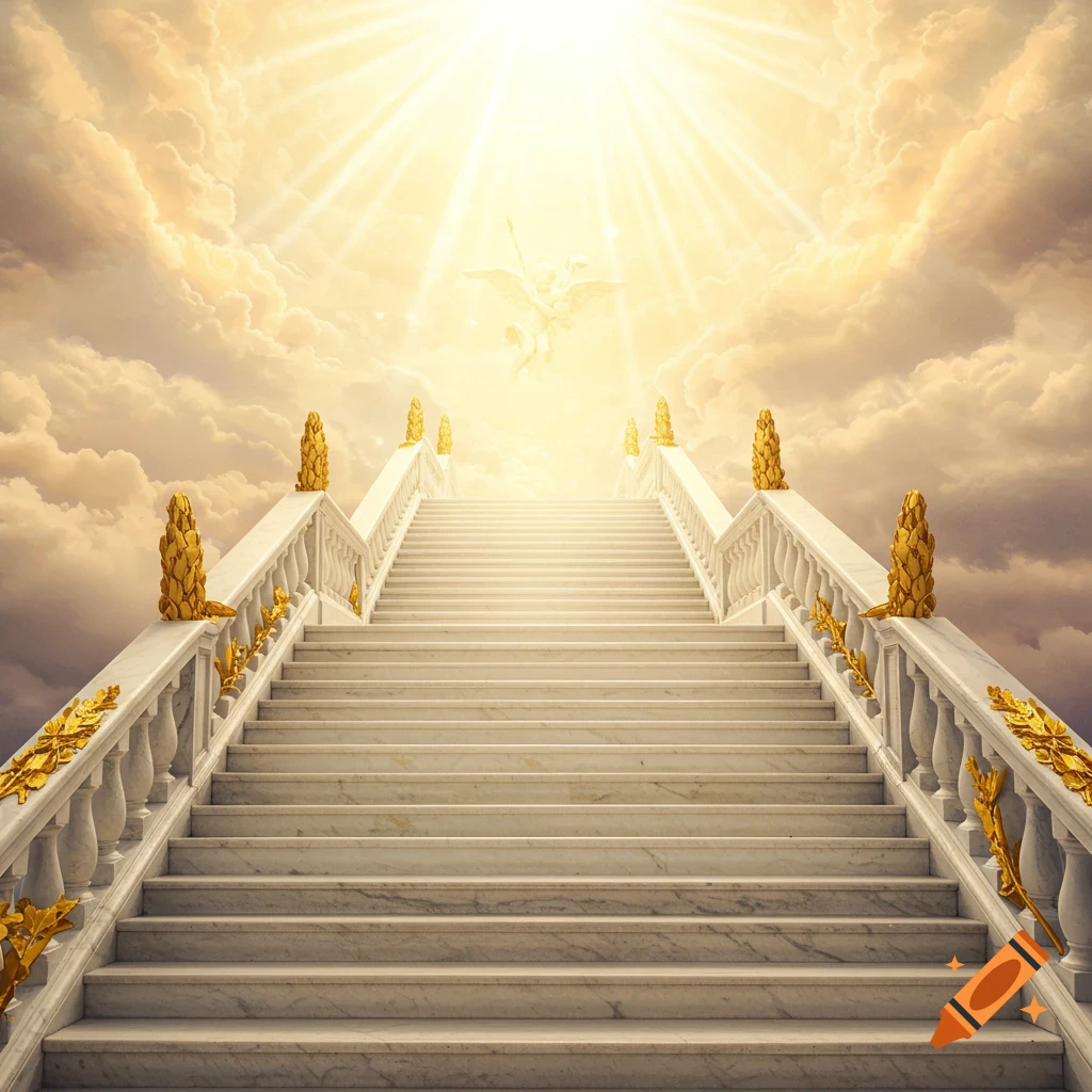 A grand marble staircase with gold railings ascends into bright, sunlit clouds where a winged figure flies.