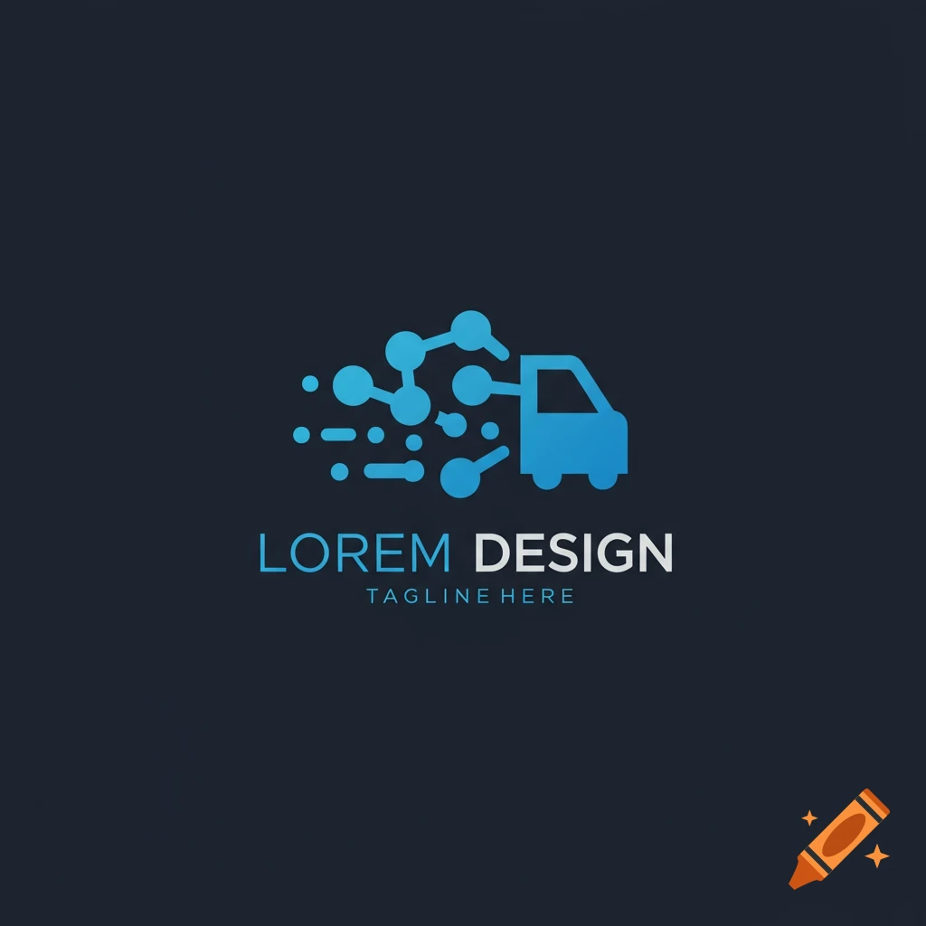 Blue logo with a truck connected to a data network, with text 'LOREM DESIGN' and 'TAGLINE HERE'.