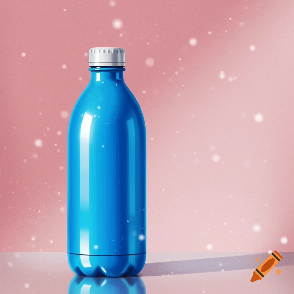 A blue water bottle on a reflective surface against a pink background with light effects.