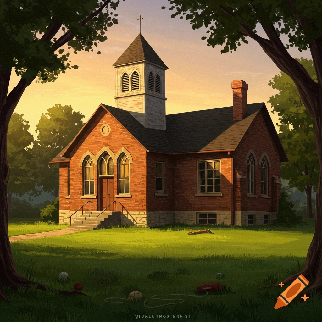 An old brick school or church framed by trees in a sunny yard.