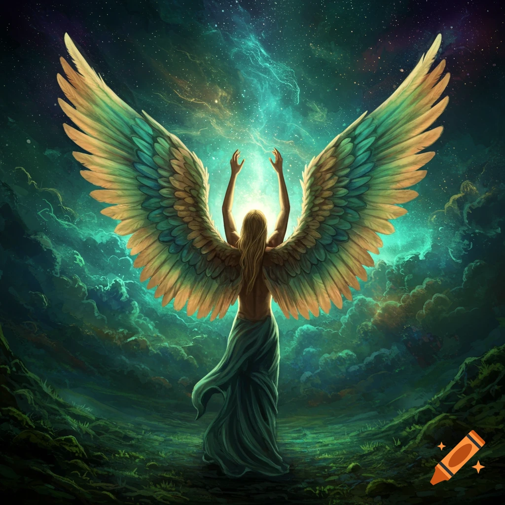 Seraphic angel with iridescent rainbow wings in an oil