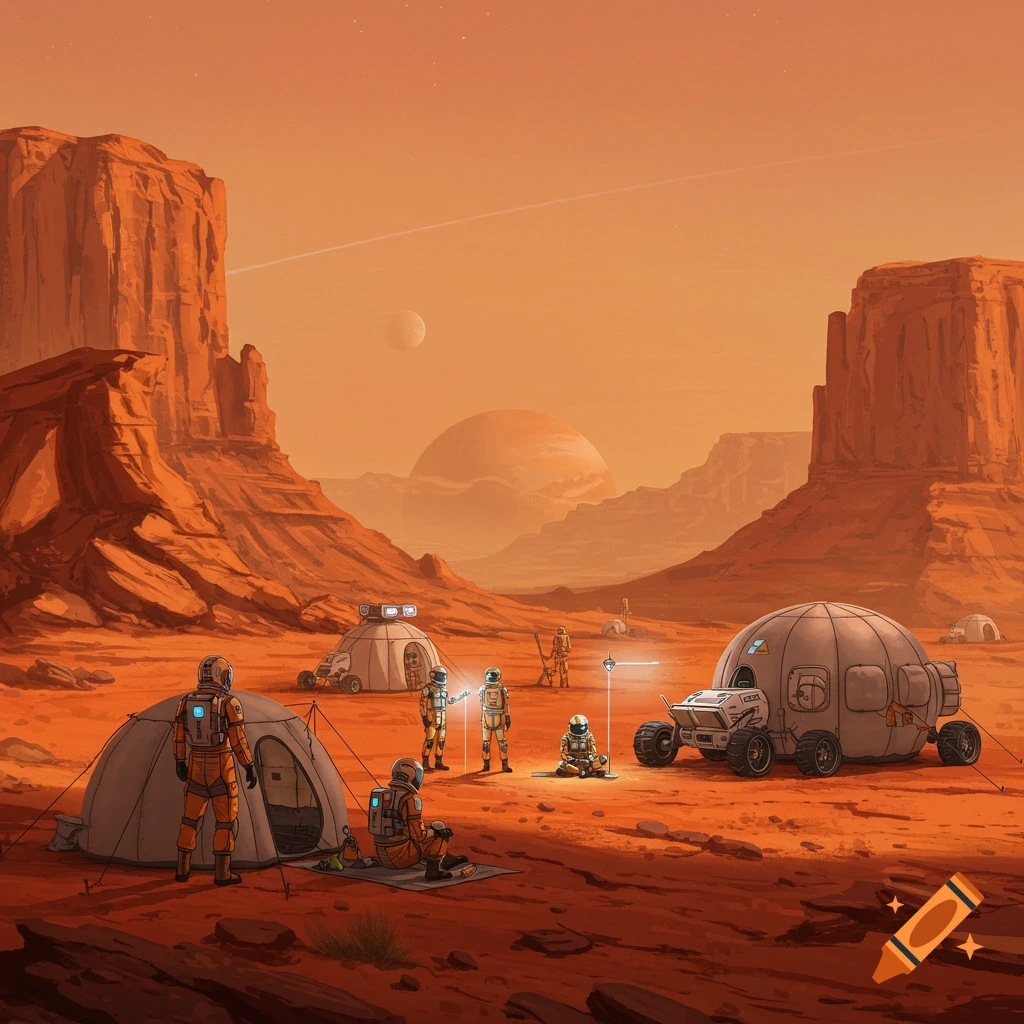 Astronauts, tents, and a vehicle are on the red surface of Mars with red rock formations.