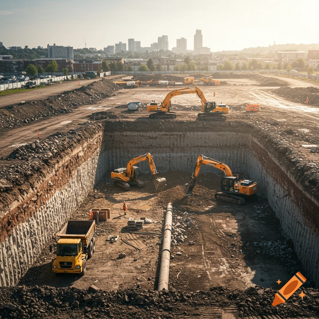 A large construction site shows excavators digging a deep trench next to a dump truck with a city skyline in the distance.