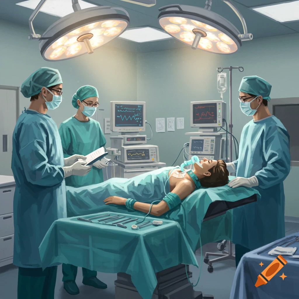 Surgeons administering anesthesia to a patient in an operating room with monitors.