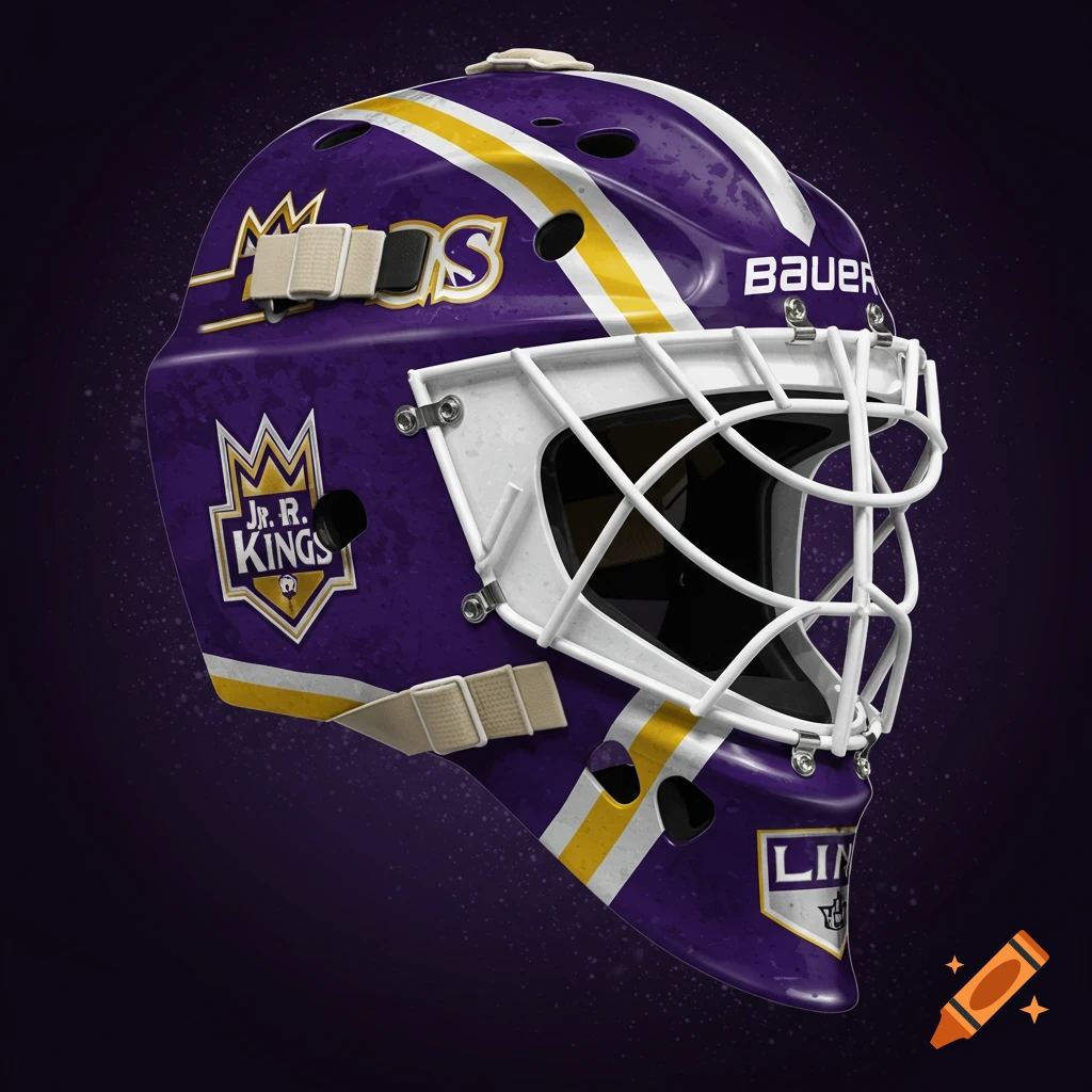 Purple and gold hockey goalie mask with white straight bar cage, floating