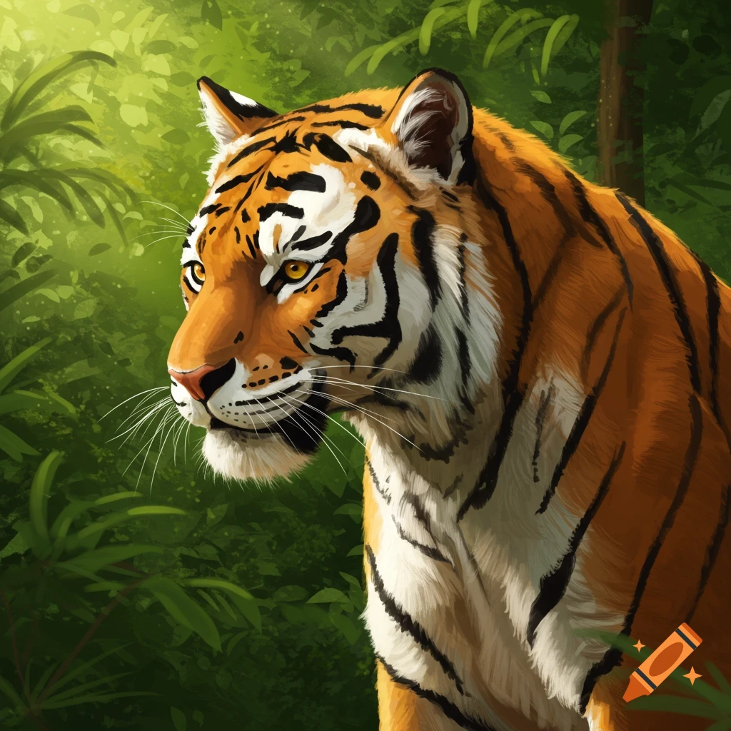 Close-up of a tiger in lush green jungle foliage.
