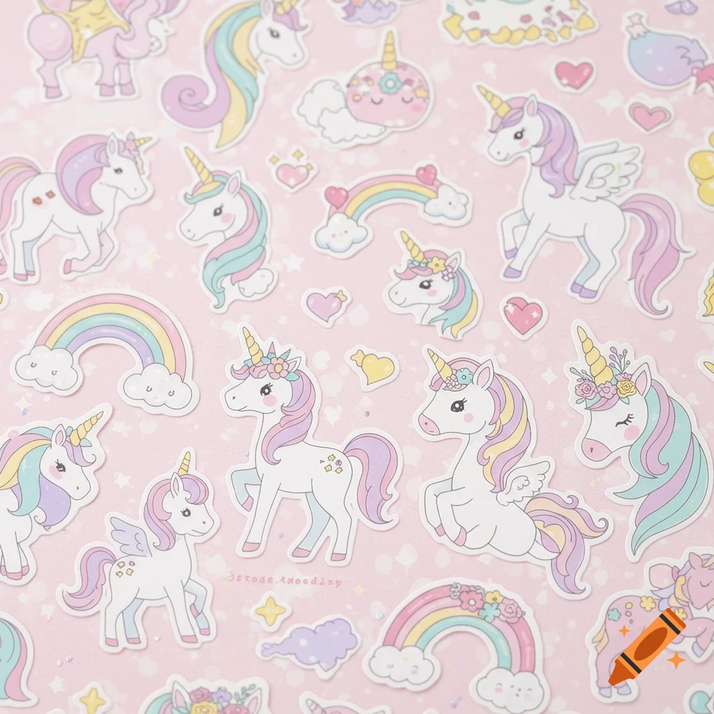 A sheet of pastel unicorn stickers with rainbows and hearts on a pink background.