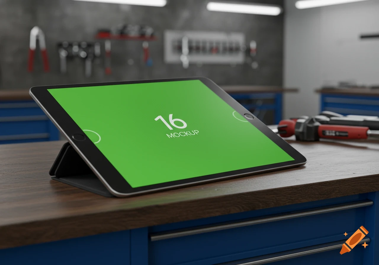 A 3D rendered photorealistic image of an iPad mockup with a green screen on a workbench in a garage.